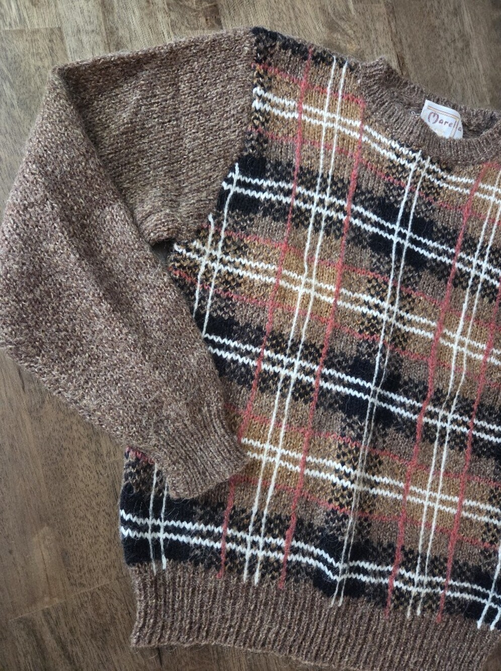 Vintage MARELLA Brown Multi Plaid Knit Crewneck Sweater